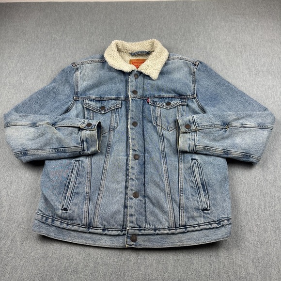 Levis Denim Jacket Men Large Blue Sherpa Lined Trucker Rodeo Western Coat Modern